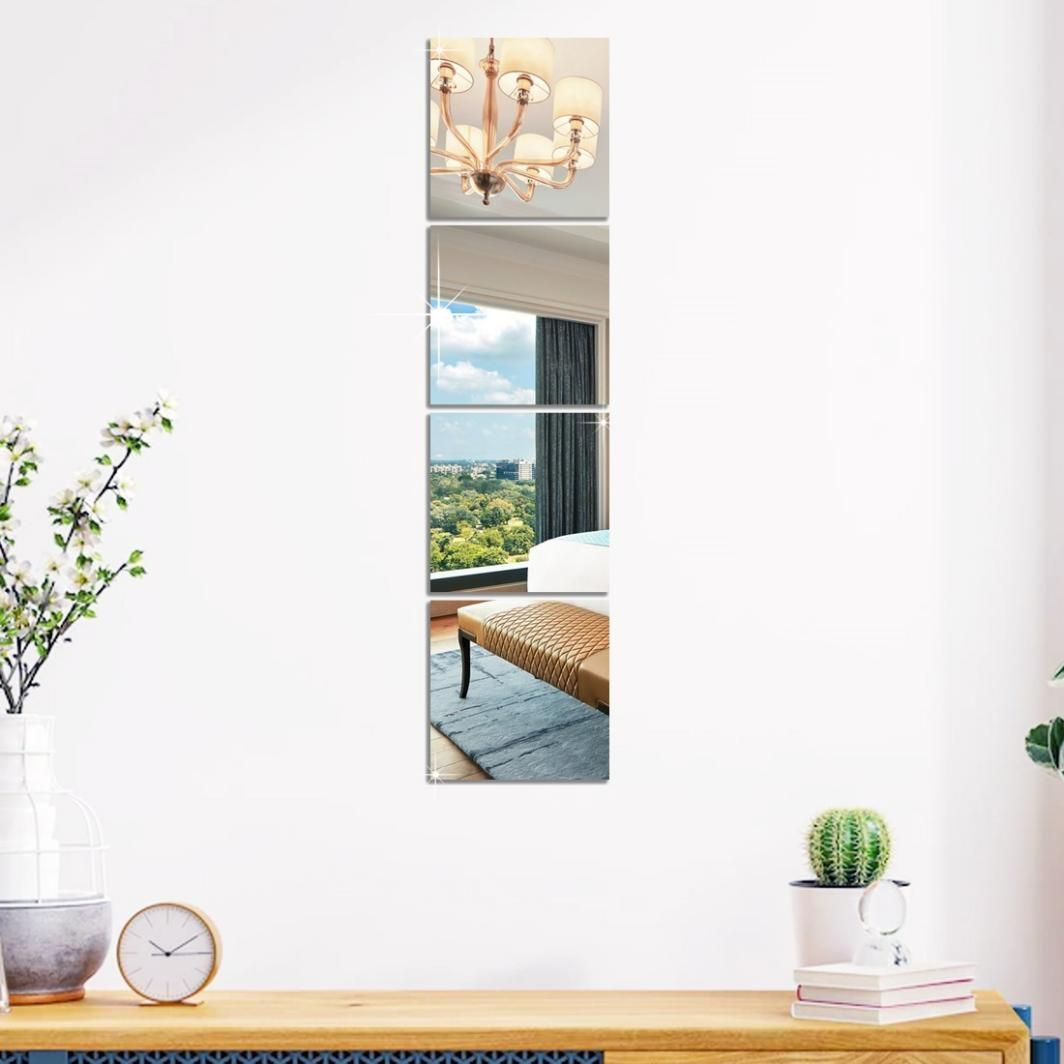 4‑Piece 15×15 cm Silver 3D Acrylic Mirror Wall Sticker Set – Stylish Peel‑and‑Stick Decor